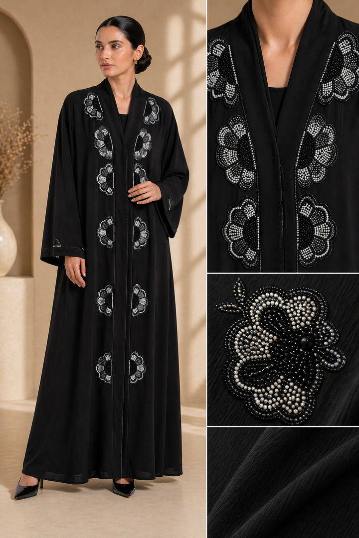 Elegant Black Floral Embroidered Abaya (Without Dupatta) | Minimal Designer Beaded Abaya for Women | Premium Modest Wear