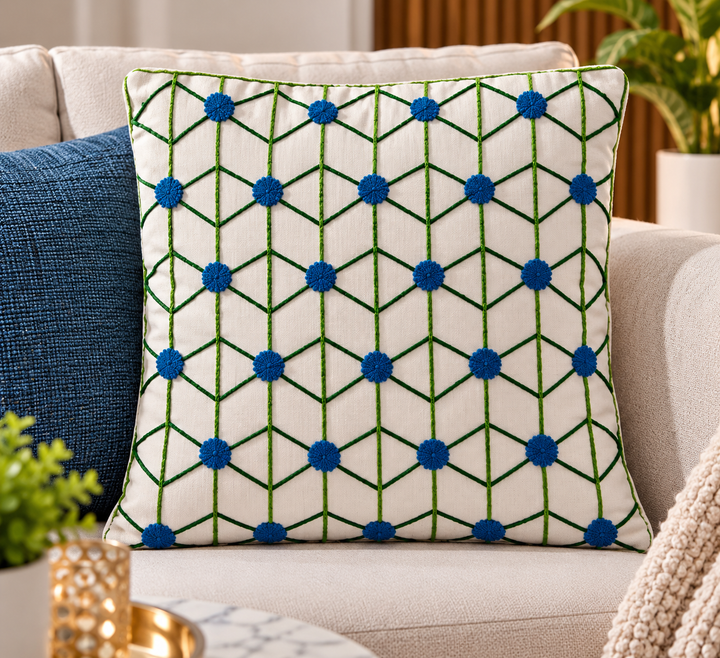 Handmade Embroidered Geometric Cushion Cover 16×16 Inch | Blue &amp; Green Decorative Pillow for Sofa &amp; Home Decor