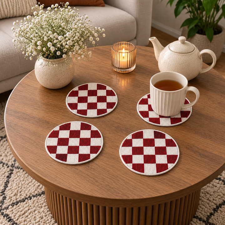 Red White Beaded Checkered Coaster Set of 4