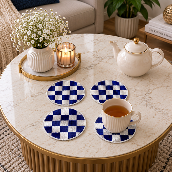 Navy Blue Checkered Beaded Coaster Set of 4