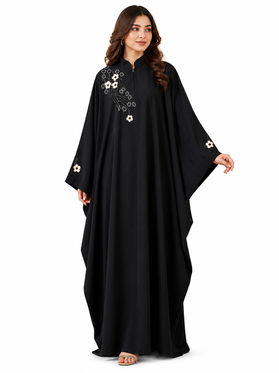Premium Black Handwork Kaftan Abaya for Women | Firdos Fabric Loose Fit Modest Wear | Designer Floral Embroidery Kaftan (Without Dupatta)