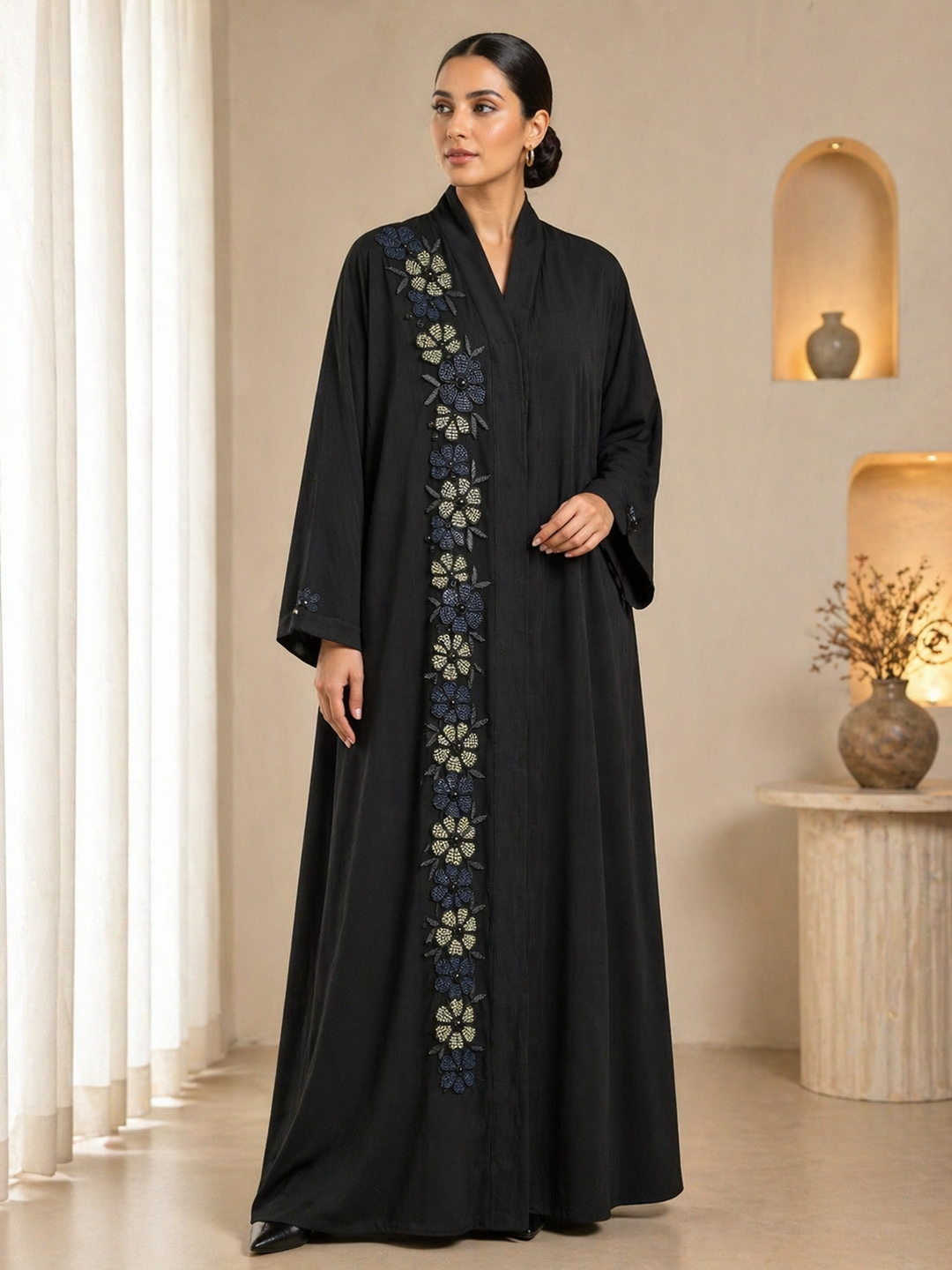 Luxury Black Floral Embroidered Abaya (Without Dupatta) | Hand Beaded Designer Abaya for Women | Elegant Modest Wear