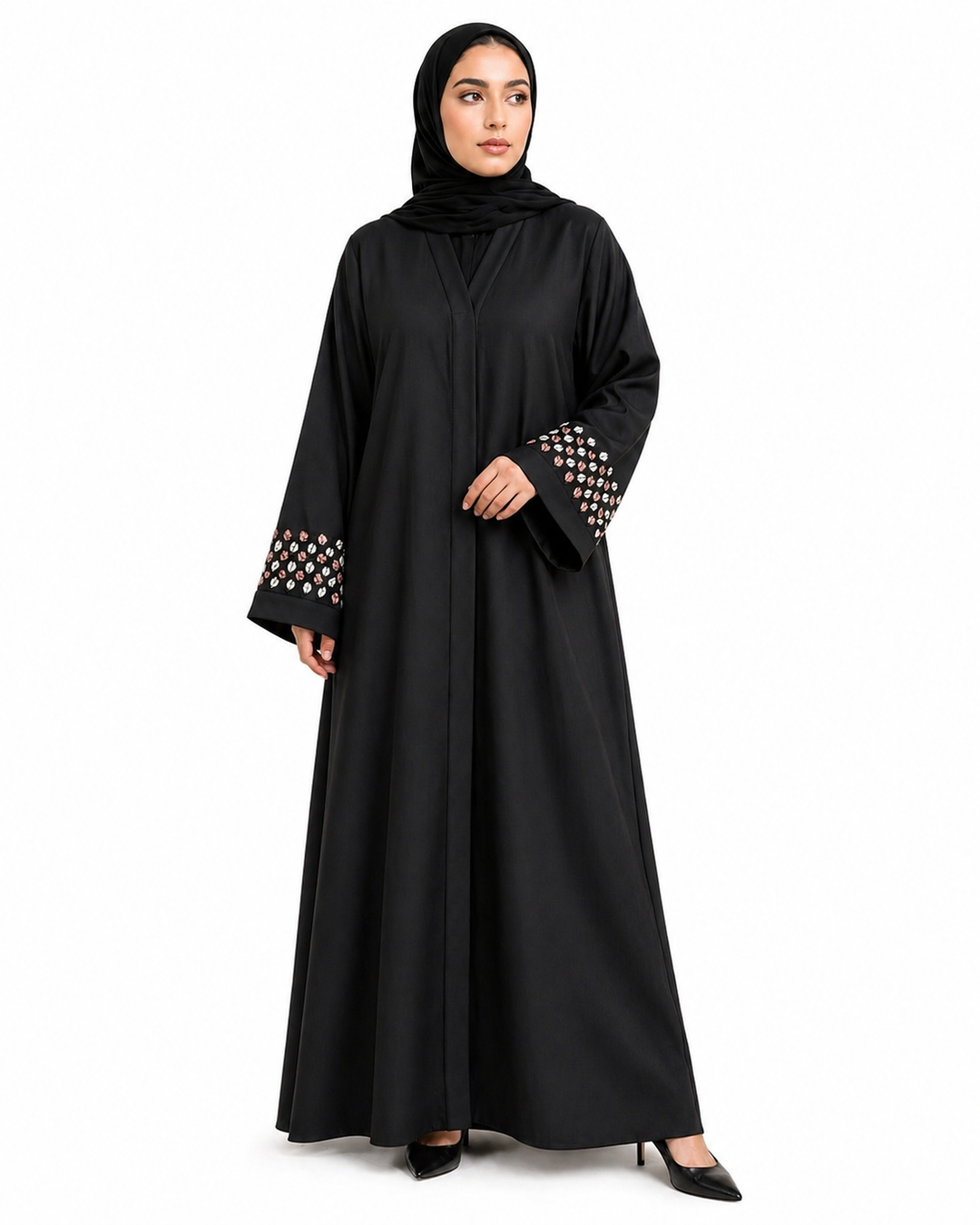 Black Abaya in Premium Zoom Fabric with Dual Tone Leaf Embroidered Sleeves | Front Open Elegant Design