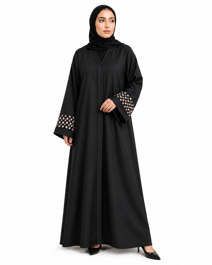 Black Abaya in Premium Zoom Fabric with Dual Tone Leaf Embroidered Sleeves | Front Open Elegant Design