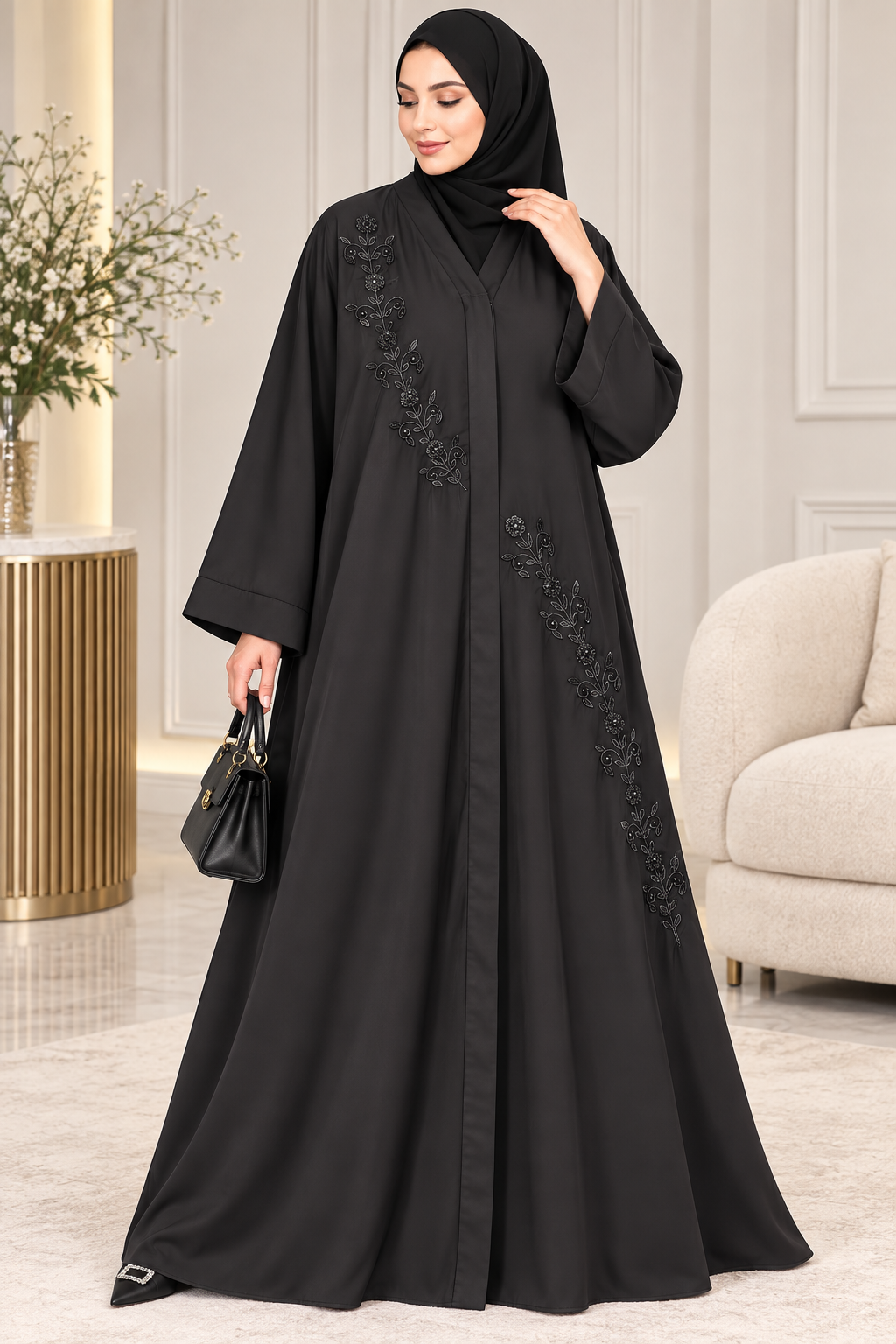 Luxury Black Nida Abaya with Elegant Floral Handwork