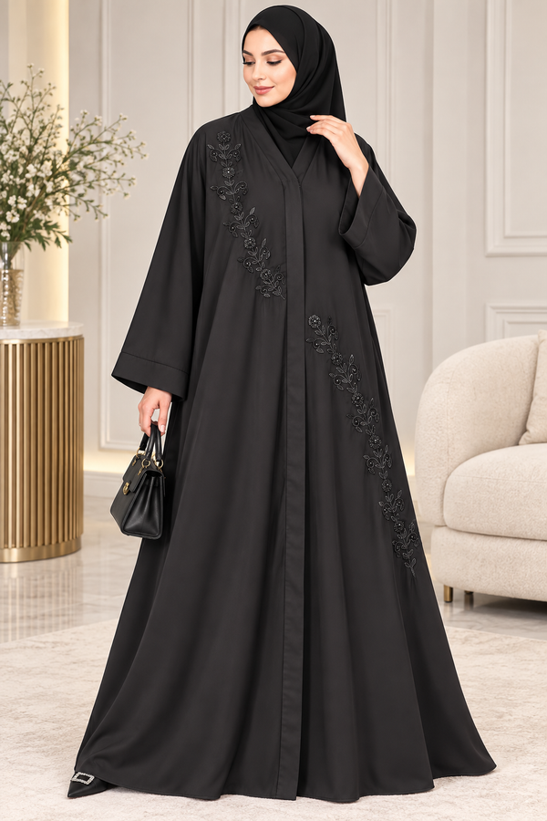 Luxury Black Nida Abaya with Elegant Floral Handwork
