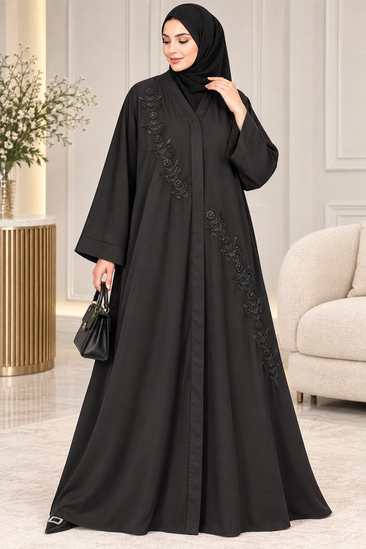Luxury Black Nida Abaya with Elegant Floral Handwork