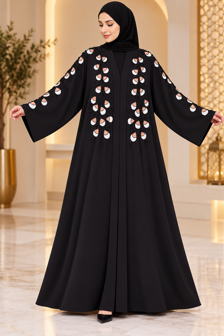 Black Peach &amp; White Floral Handwork Abaya | Front Open Embroidered Abaya