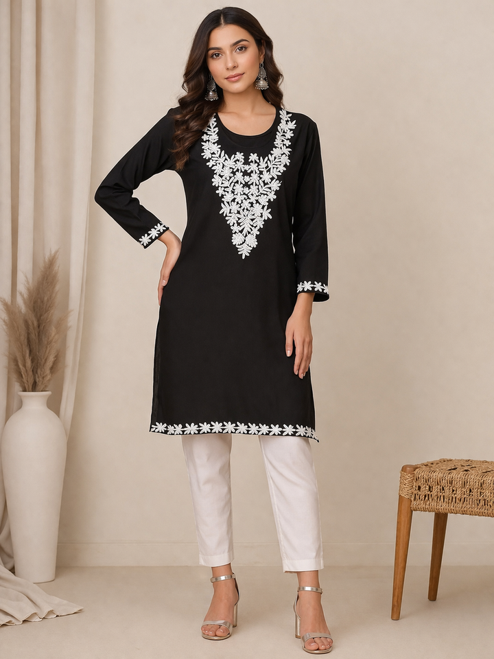 Women Black Embroidered Kurti | White Floral Thread Work | Straight Fit Casual &amp; Ethnic Kurta for Women
