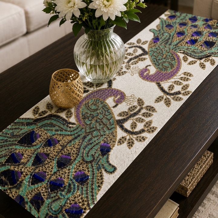 Handcrafted Peacock Table Runner