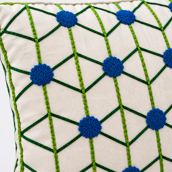 Handmade Embroidered Geometric Cushion Cover 16×16 Inch | Blue &amp; Green Decorative Pillow for Sofa &amp; Home Decor