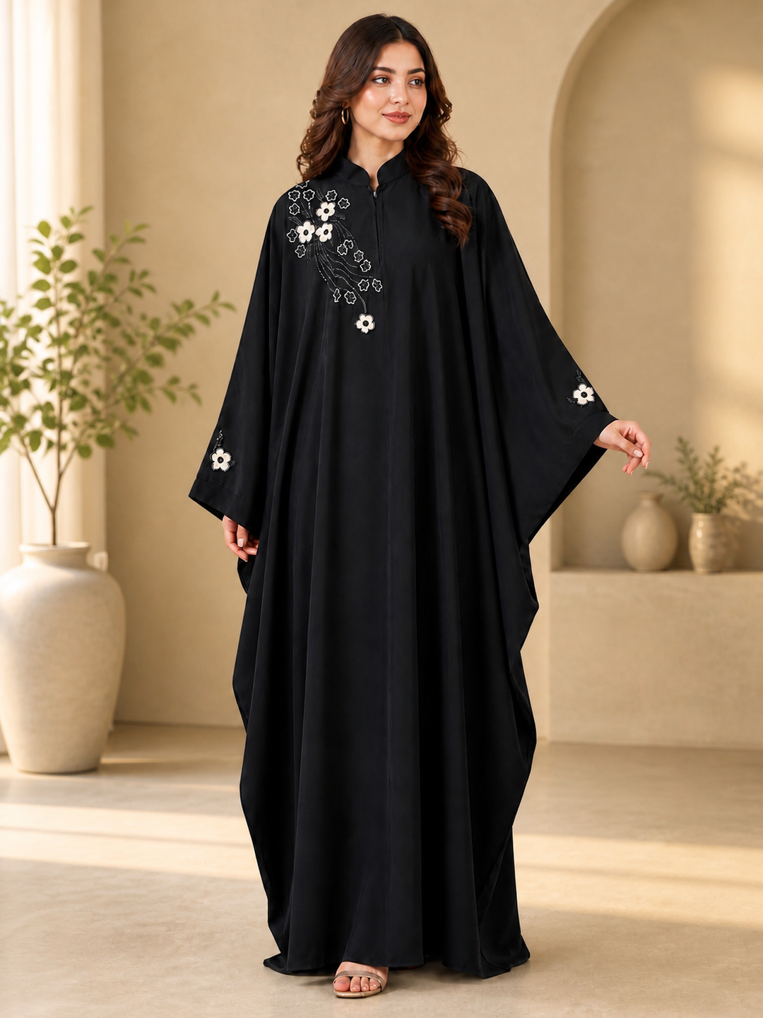 Premium Black Handwork Kaftan Abaya for Women | Firdos Fabric Loose Fit Modest Wear | Designer Floral Embroidery Kaftan (Without Dupatta)