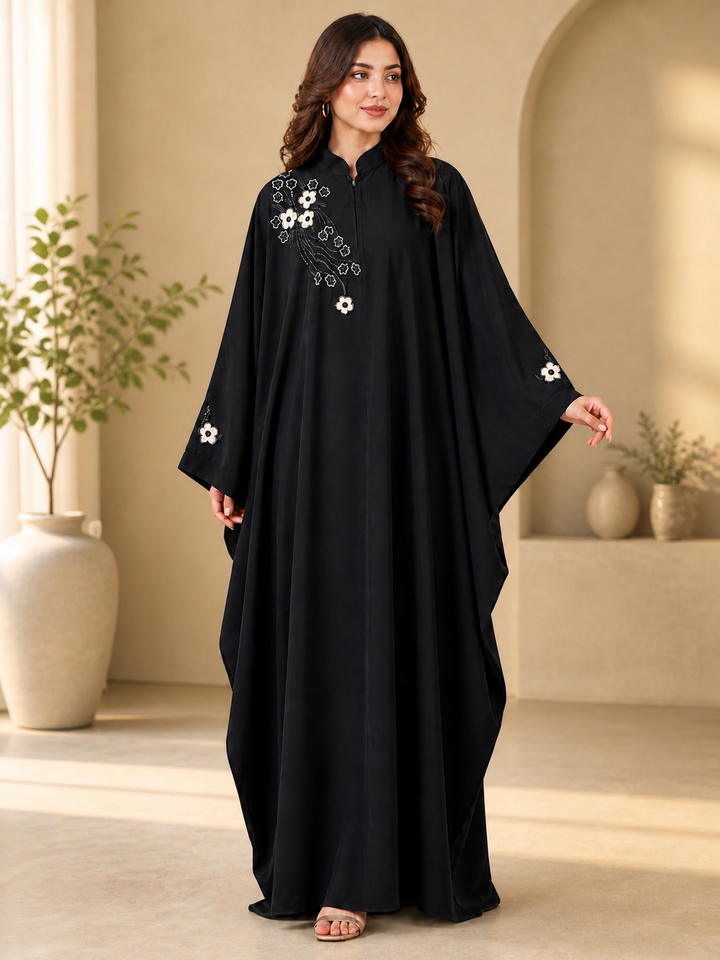 Premium Black Handwork Kaftan Abaya for Women | Firdos Fabric Loose Fit Modest Wear | Designer Floral Embroidery Kaftan (Without Dupatta)