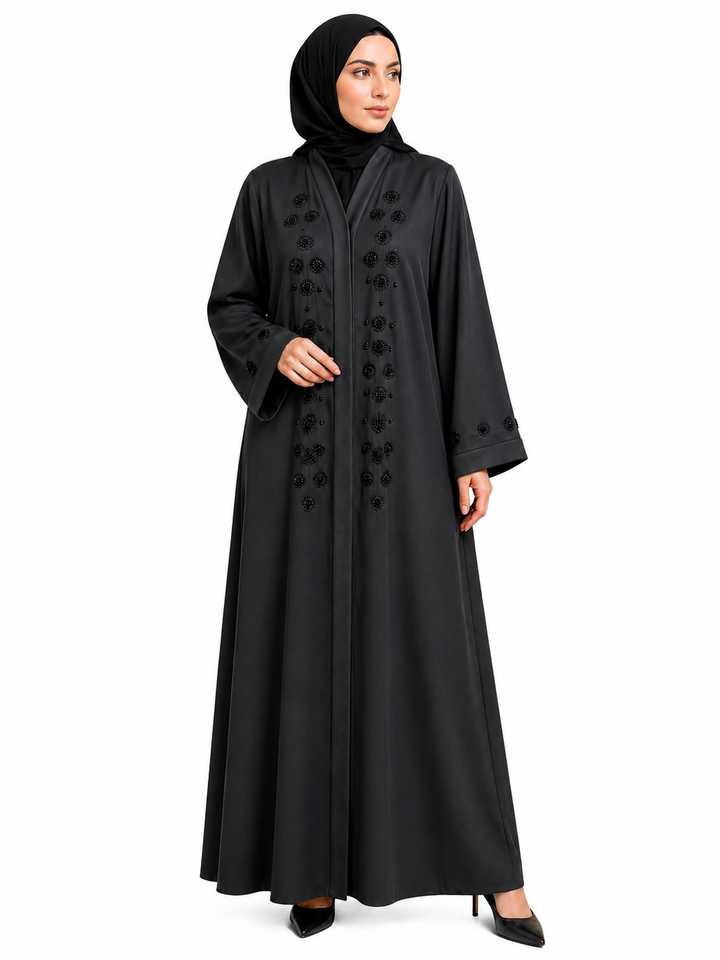 Luxury Black Front Open Abaya with Handcrafted Beaded Floral Work | Premium Zoom Fabric | Elegant Modest Wear (Without Dupatta)