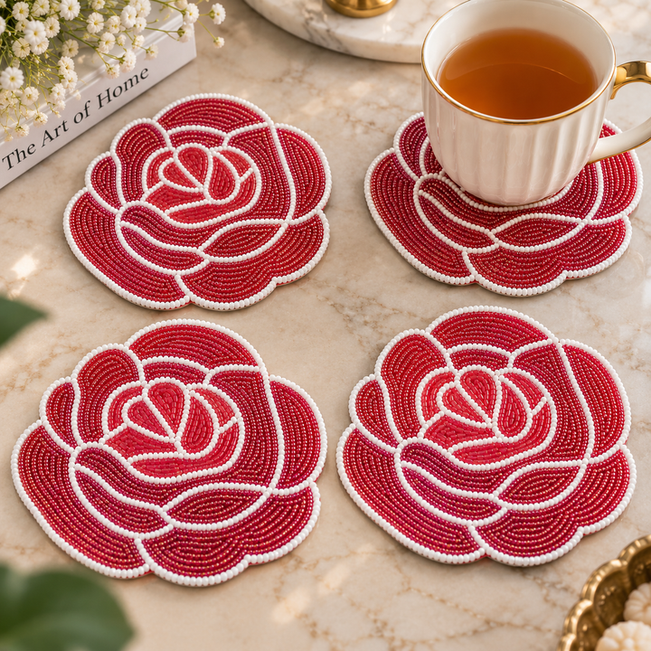 Red Rose Beaded Coaster Set of 4