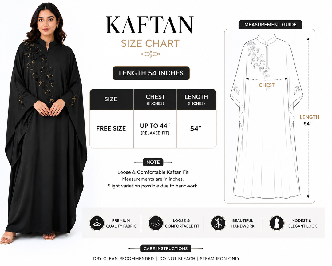 Elegant Black Handwork Kaftan Abaya for Women | Premium Firdous Fabric | Modest Party Wear