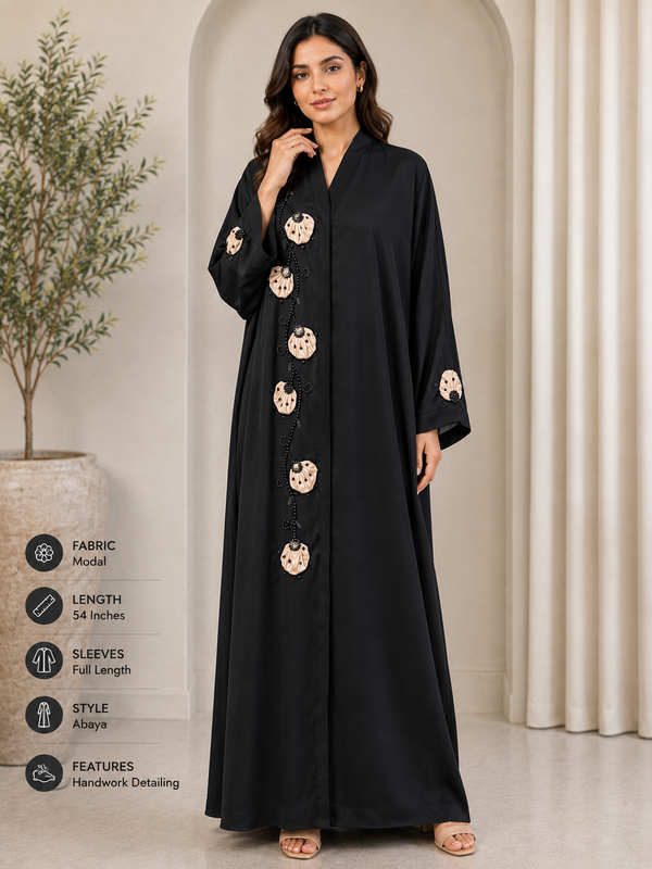 Elegant Black Handwork Abaya for Women | Floral Beaded Work | Premium Modest Wear | Without Dupatta
