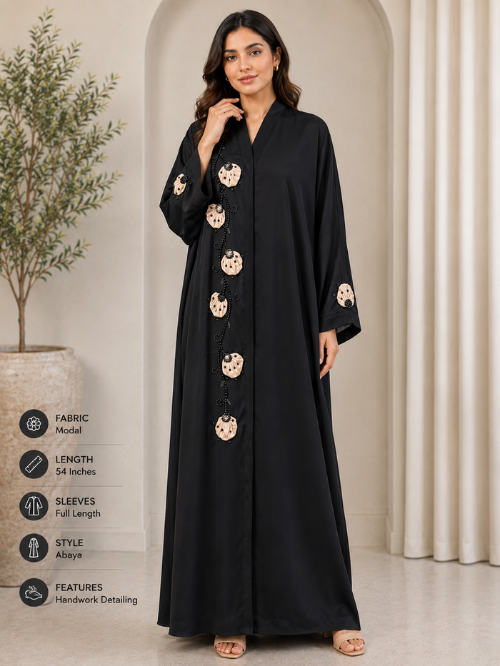 Elegant Black Handwork Abaya for Women Floral Beaded Work