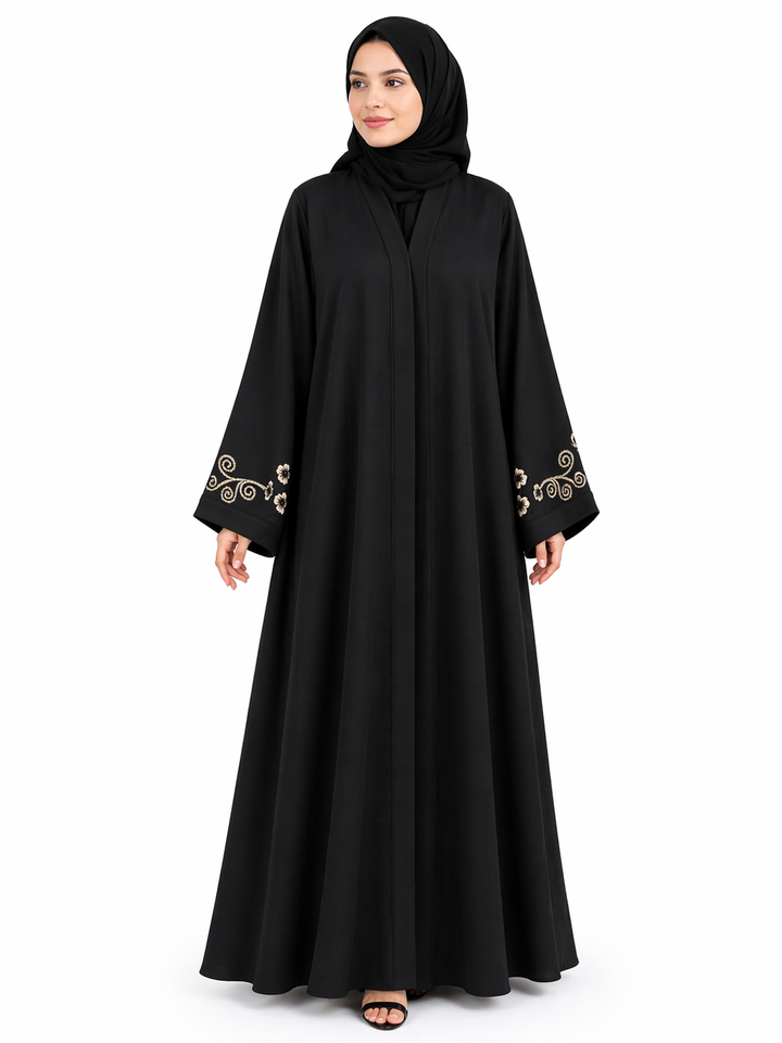 Elegant Black Abaya with Sleeve Floral Embroidery | Imported Zoom Fabric | Premium Modest Wear by RTFACTS