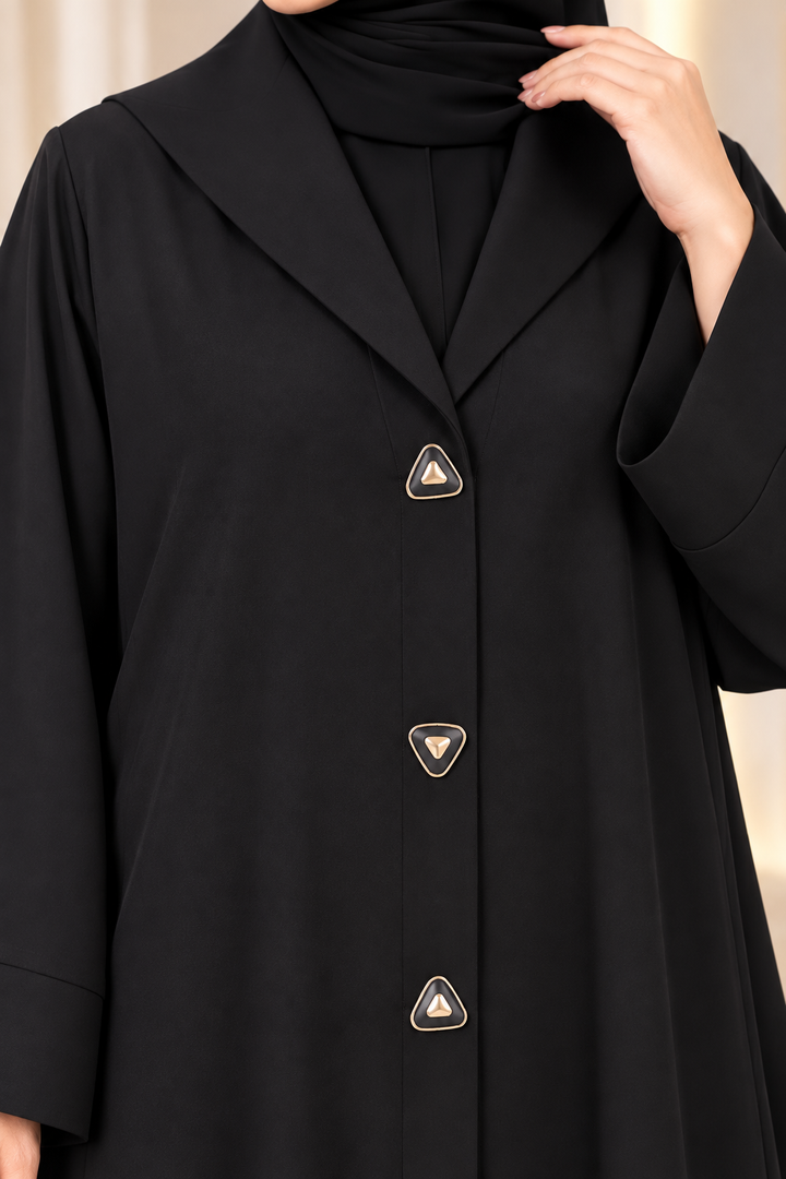 Black Nida Abaya Coat with Elegant Gold Triangle Buttons | Modest Front Open Islamic