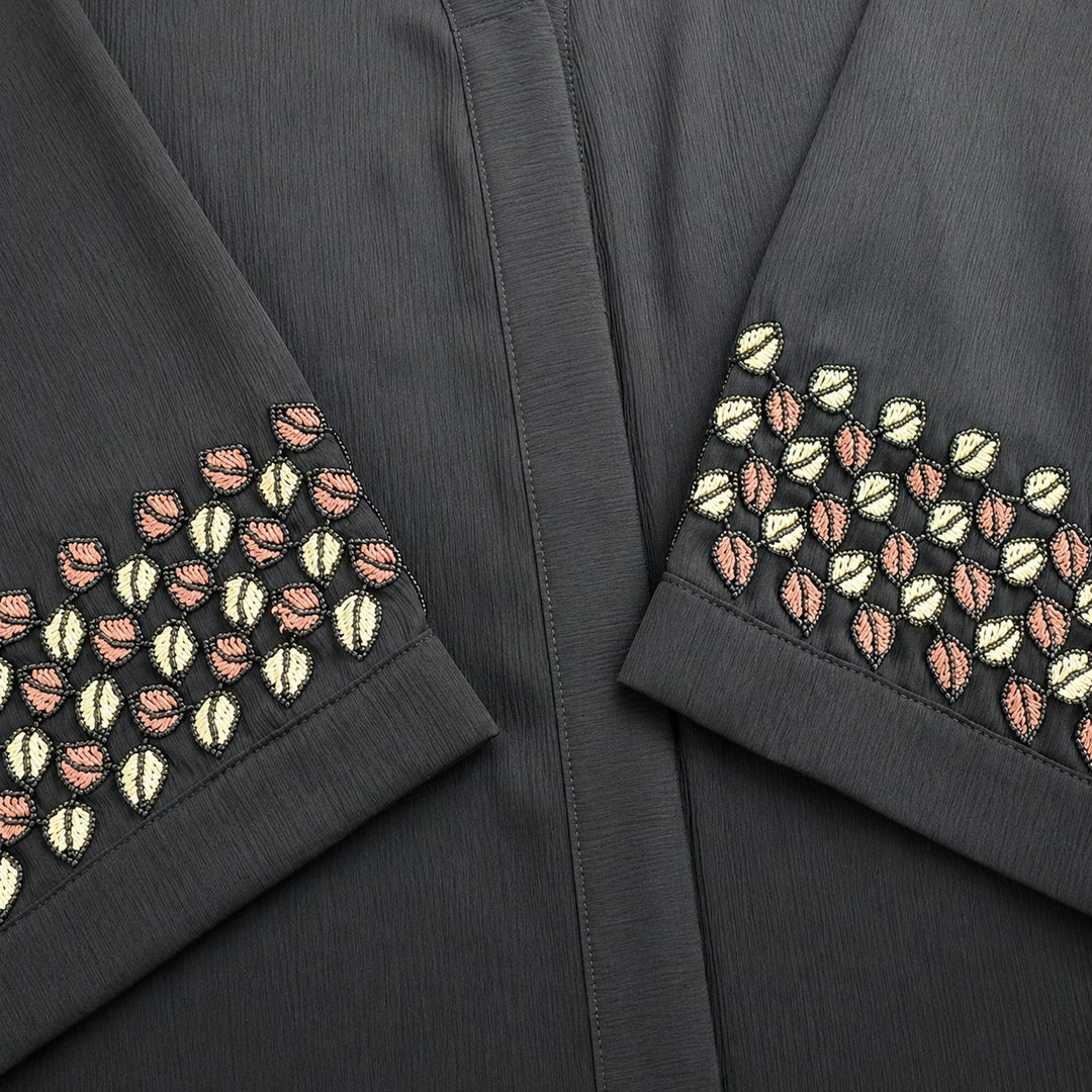 Black Abaya in Premium Zoom Fabric with Dual Tone Leaf Embroidered Sleeves | Front Open Elegant Design