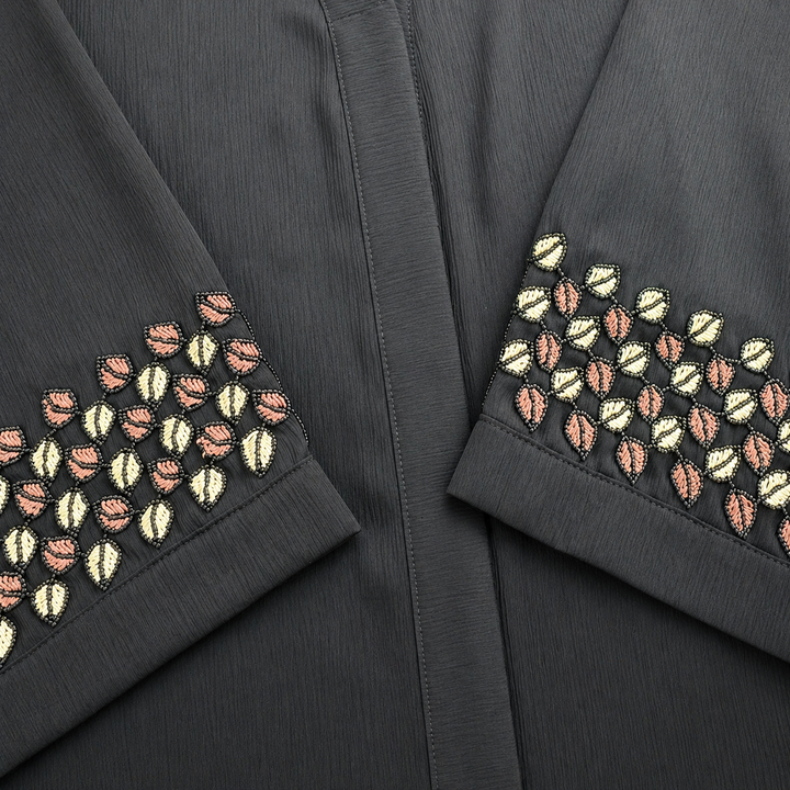 Black Abaya in Premium Zoom Fabric with Dual Tone Leaf Embroidered Sleeves | Front Open Elegant Design