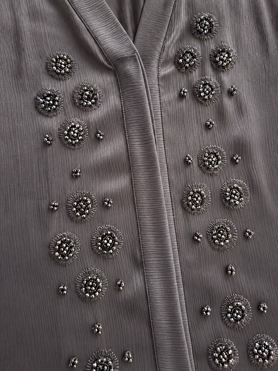 Luxury Black Front Open Abaya with Handcrafted Beaded Floral Work | Premium Zoom Fabric | Elegant Modest Wear (Without Dupatta)