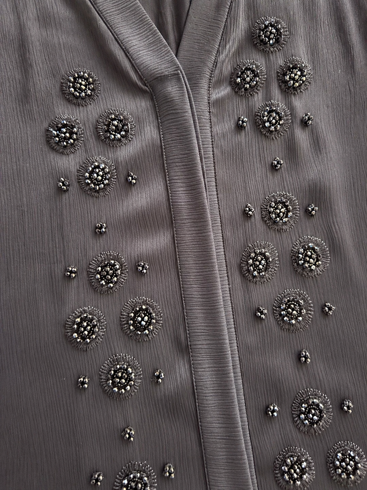Luxury Black Front Open Abaya with Handcrafted Beaded Floral Work | Premium Zoom Fabric | Elegant Modest Wear (Without Dupatta)