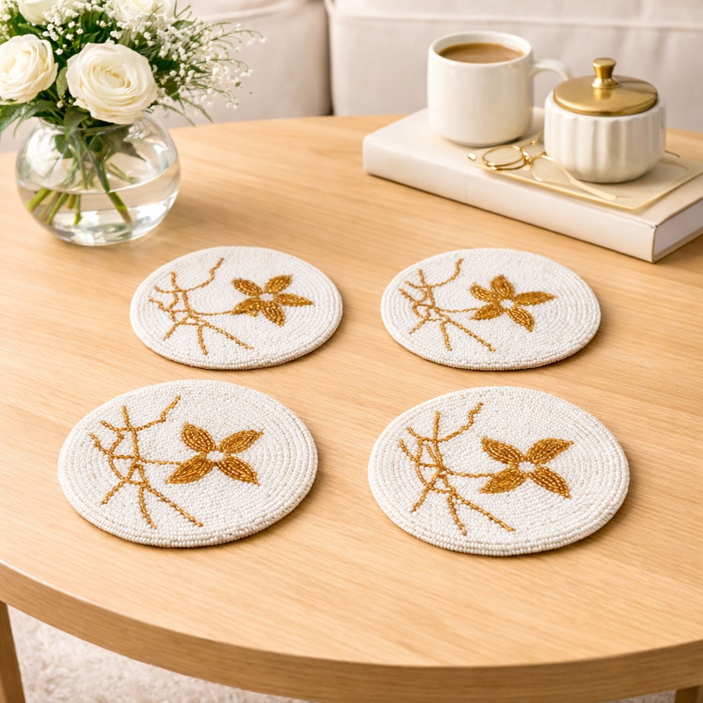 Gold Leaf Beaded Coaster Set of 4 – Luxurious Handmade Decor | RTFACTS