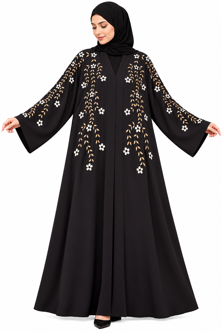 Black Floral Handwork Abaya | Elegant Front Open Embroidered Abaya