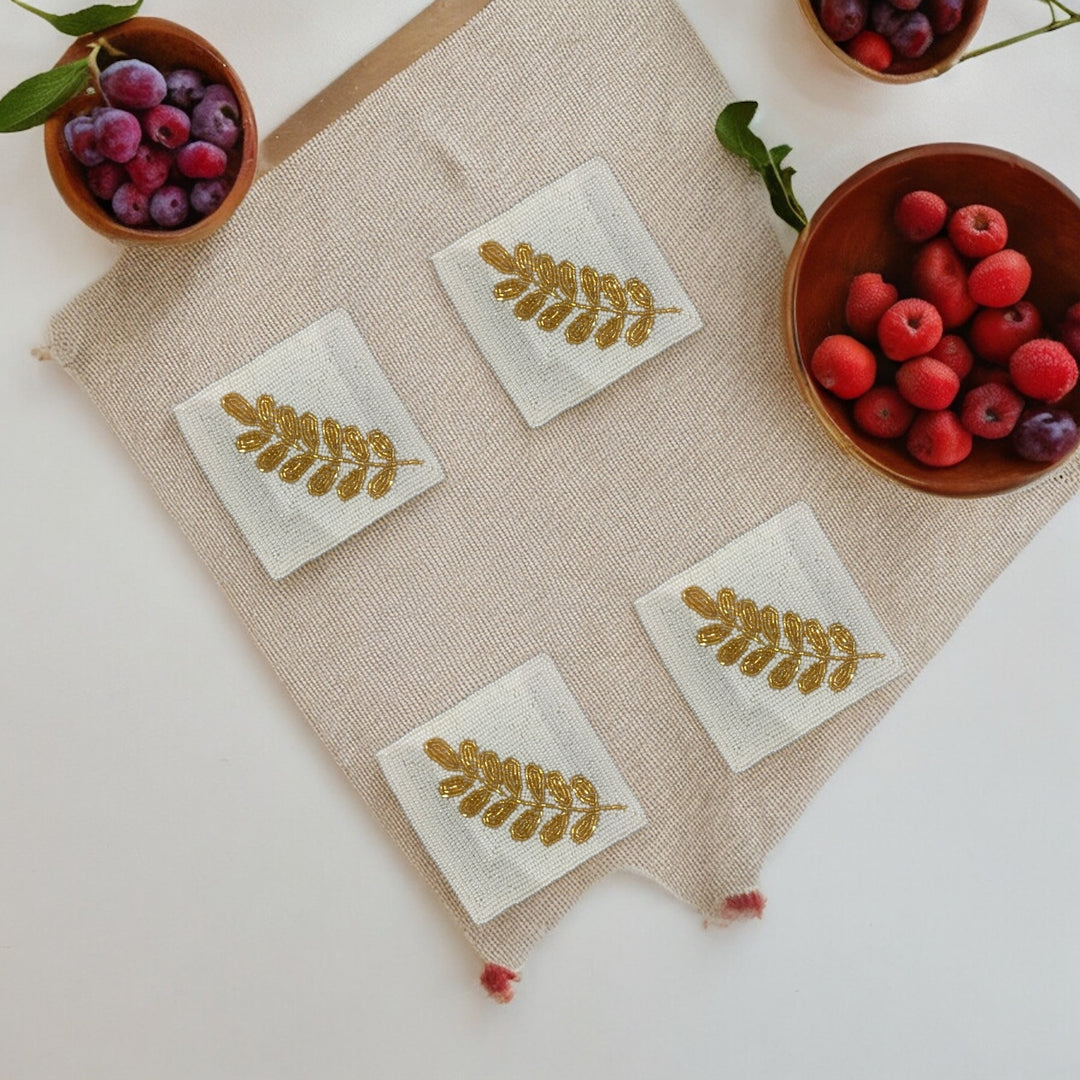 Gold Leaf Beaded Coaster Set of 4