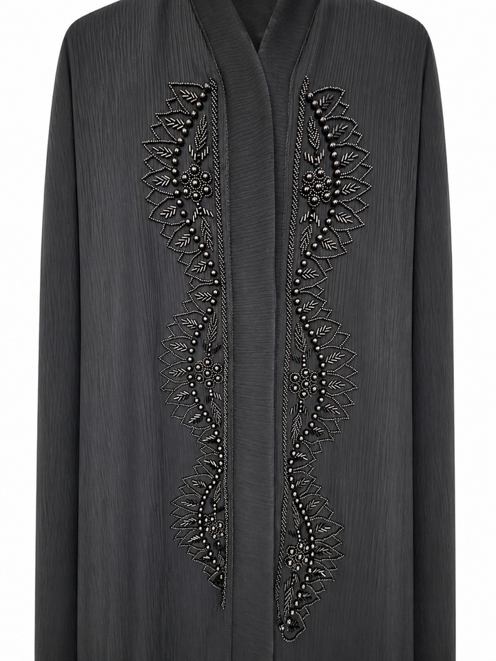 Elegant Black Zoom Fabric Abaya with Intricate Handwork – Front Panel Embroidery | Without Dupatta