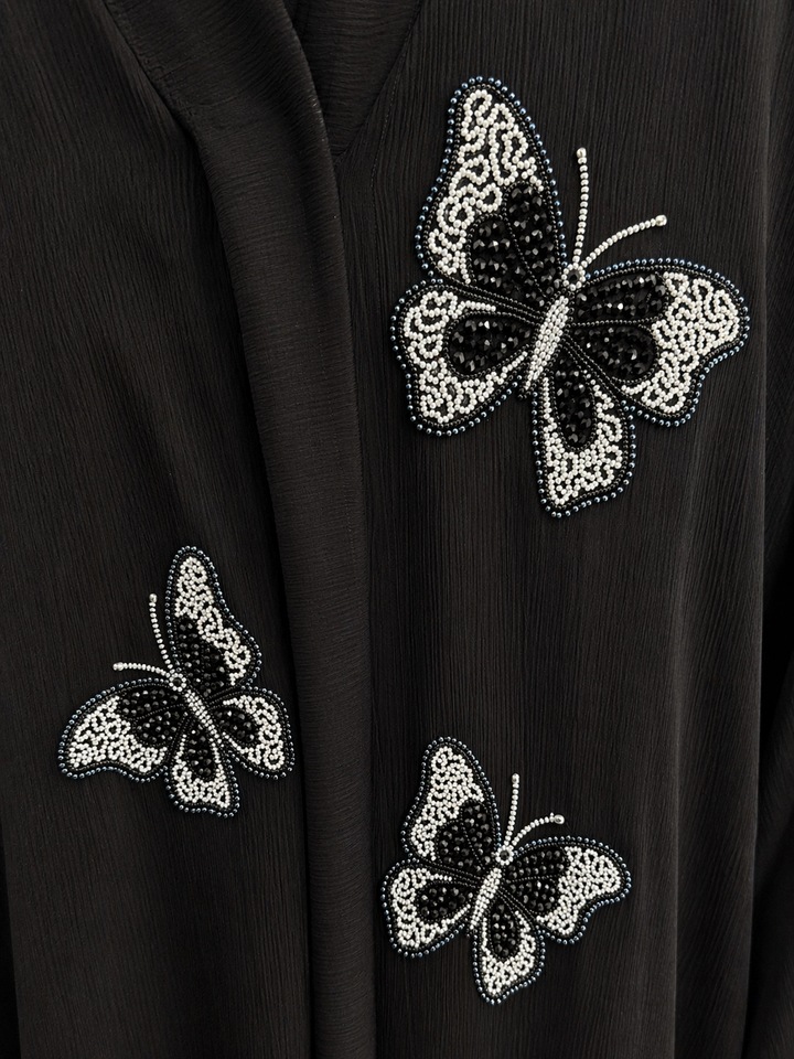Luxury Black Butterfly Embroidered Abaya (Without Dupatta) | Designer Beaded Abaya for Women | Elegant Modest Wear
