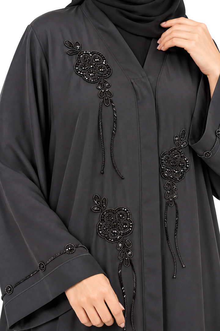 Black Nida Floral Beaded Abaya | Handmade