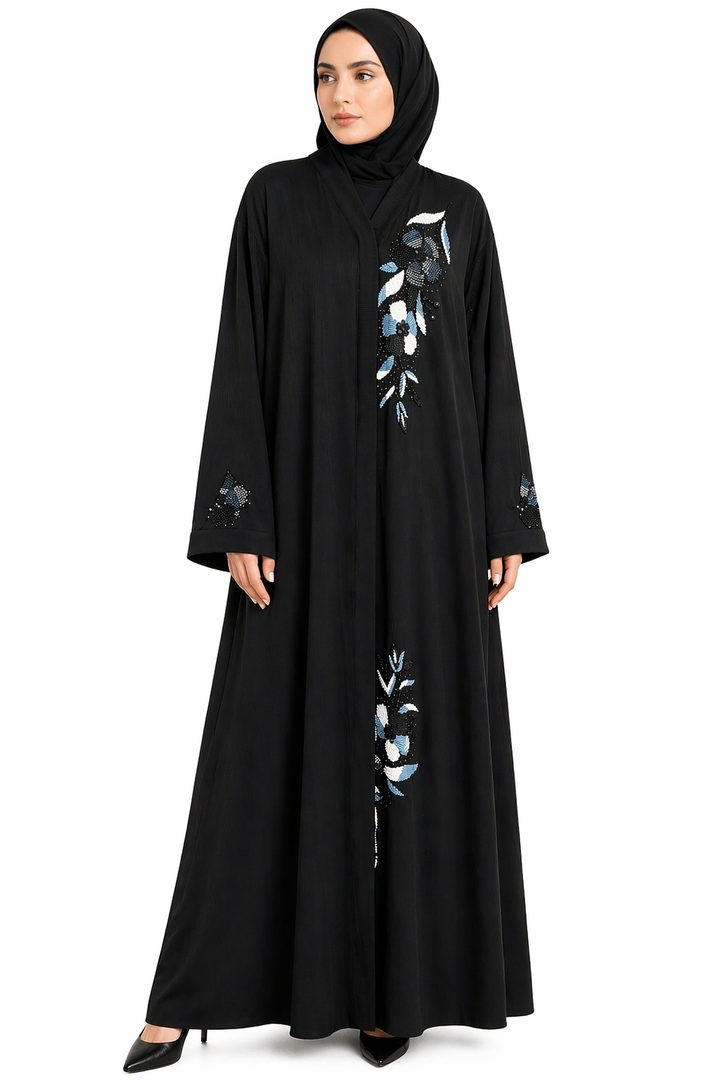 Luxury Black Floral Beaded Embroidered Abaya (Without Dupatta) | Blue &amp; White Handcrafted Designer Abaya for Women | Premium Modest Wear