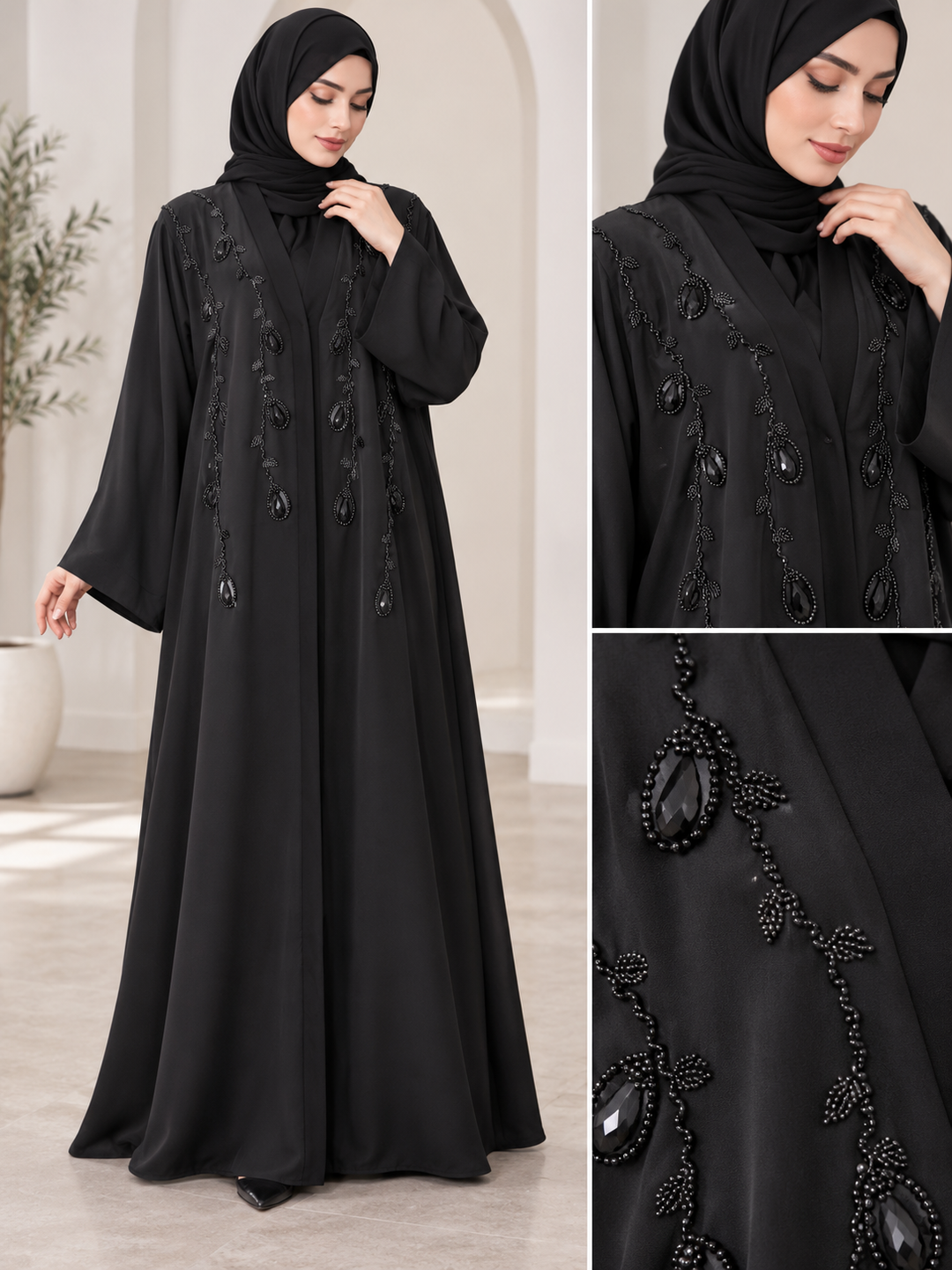 Elegant Black Handwork Abaya for Women | Premium Embellished Front Design