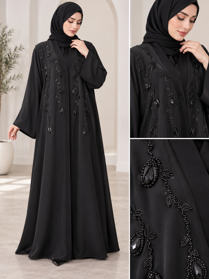Elegant Black Handwork Abaya for Women | Premium Embellished Front Design