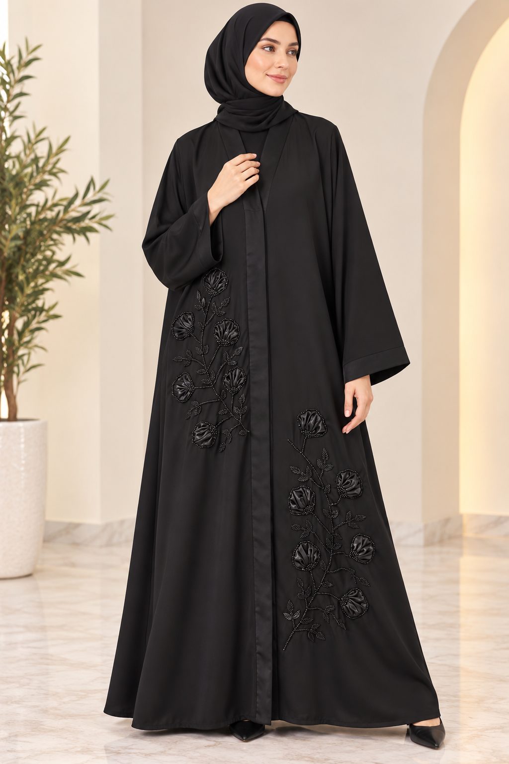 Black Handwork Tissue Embroidered Abaya | Elegant Floral Design