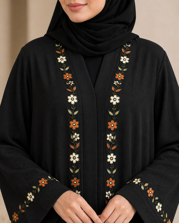 Elegant Black Handwork Abaya with Floral Embroidery | Imported Zoom Fabric | Premium Modest Wear by RTFACTS