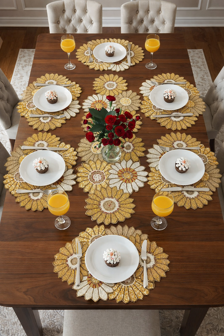 Luxury Handcrafted Beaded Sunflower Placemat Set – 6 Table Decor for Dining Table
