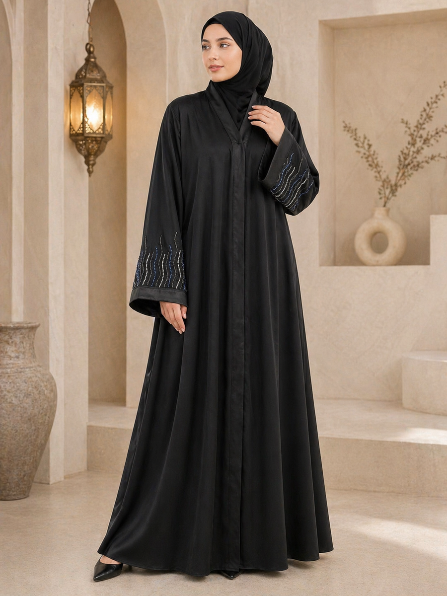 Black Katri Nida Abaya with Wave Handwork Sleeves | Modern Front Open Modest Wear – RTFACTS