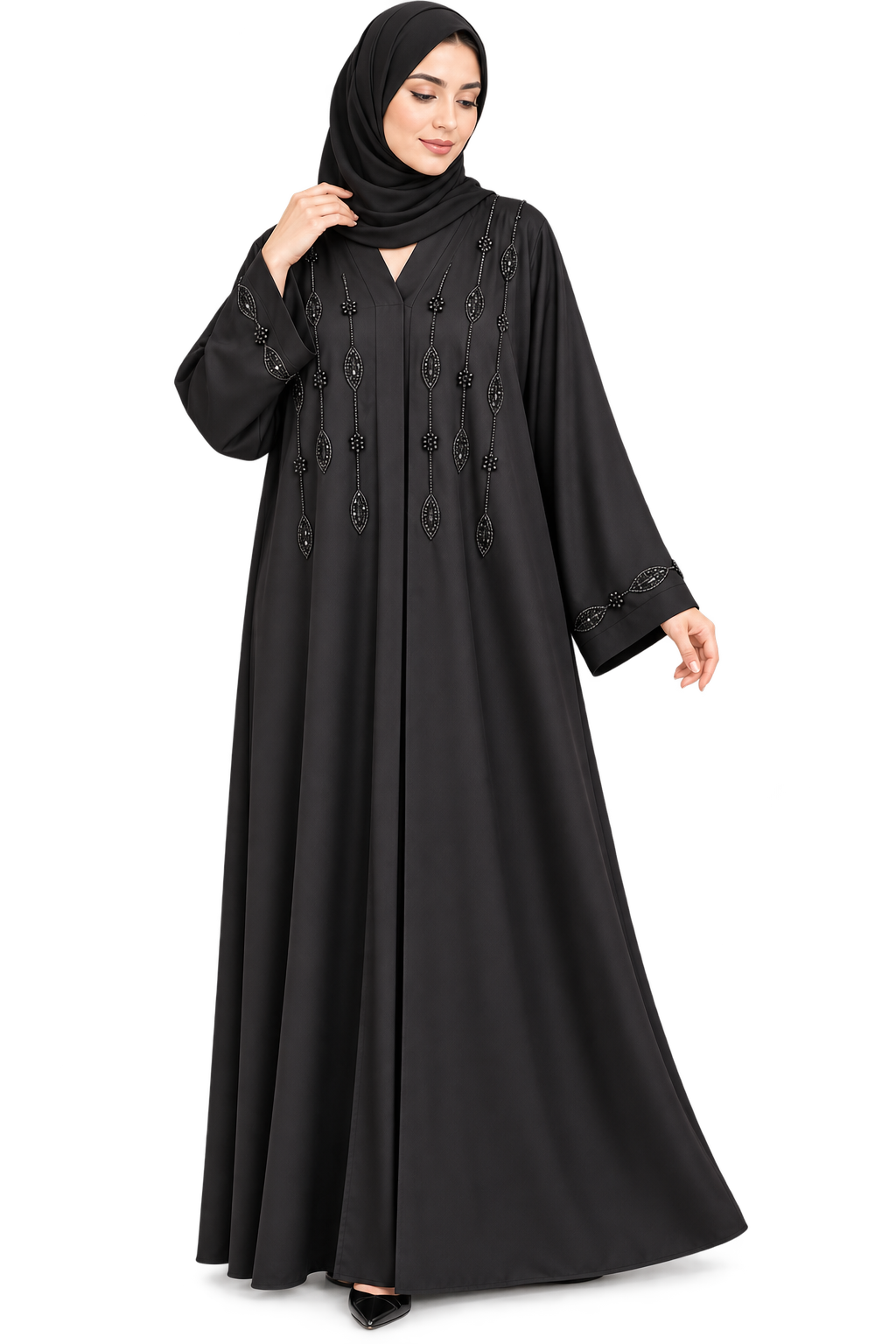 Black Front Open Handwork Beaded Abaya