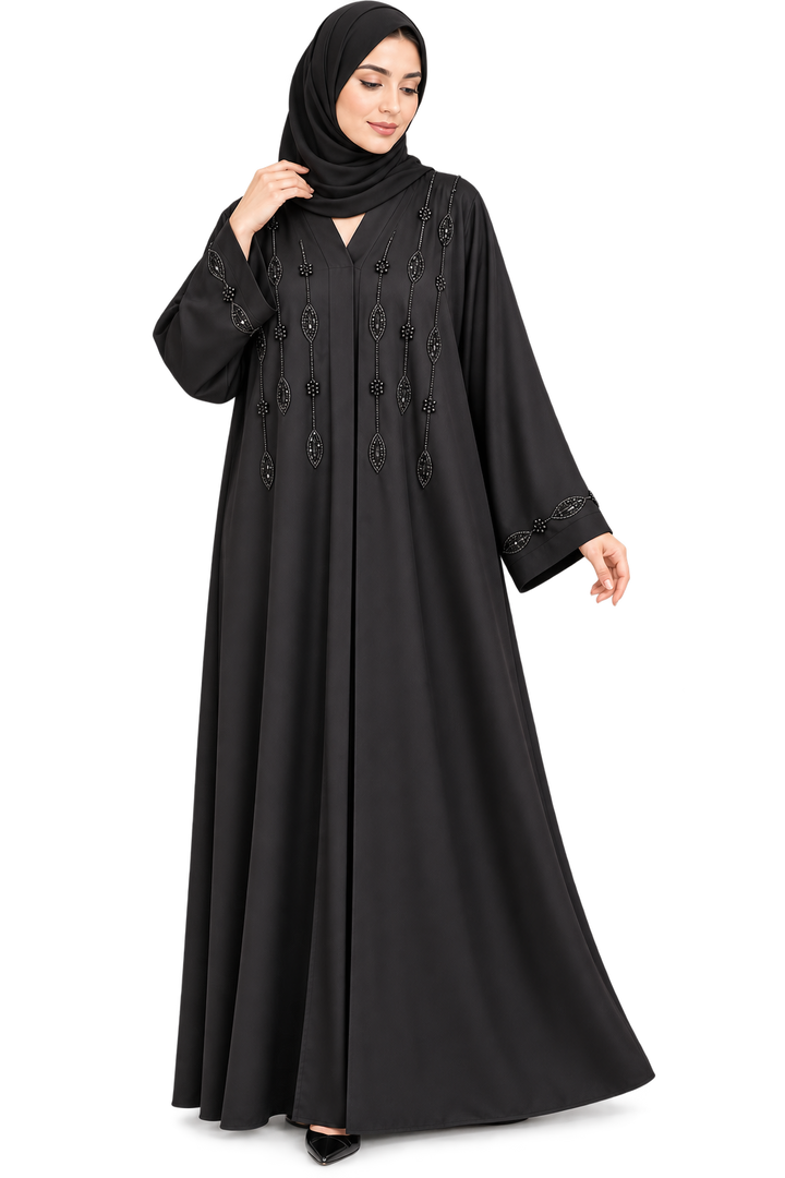 Black Front Open Handwork Beaded Abaya