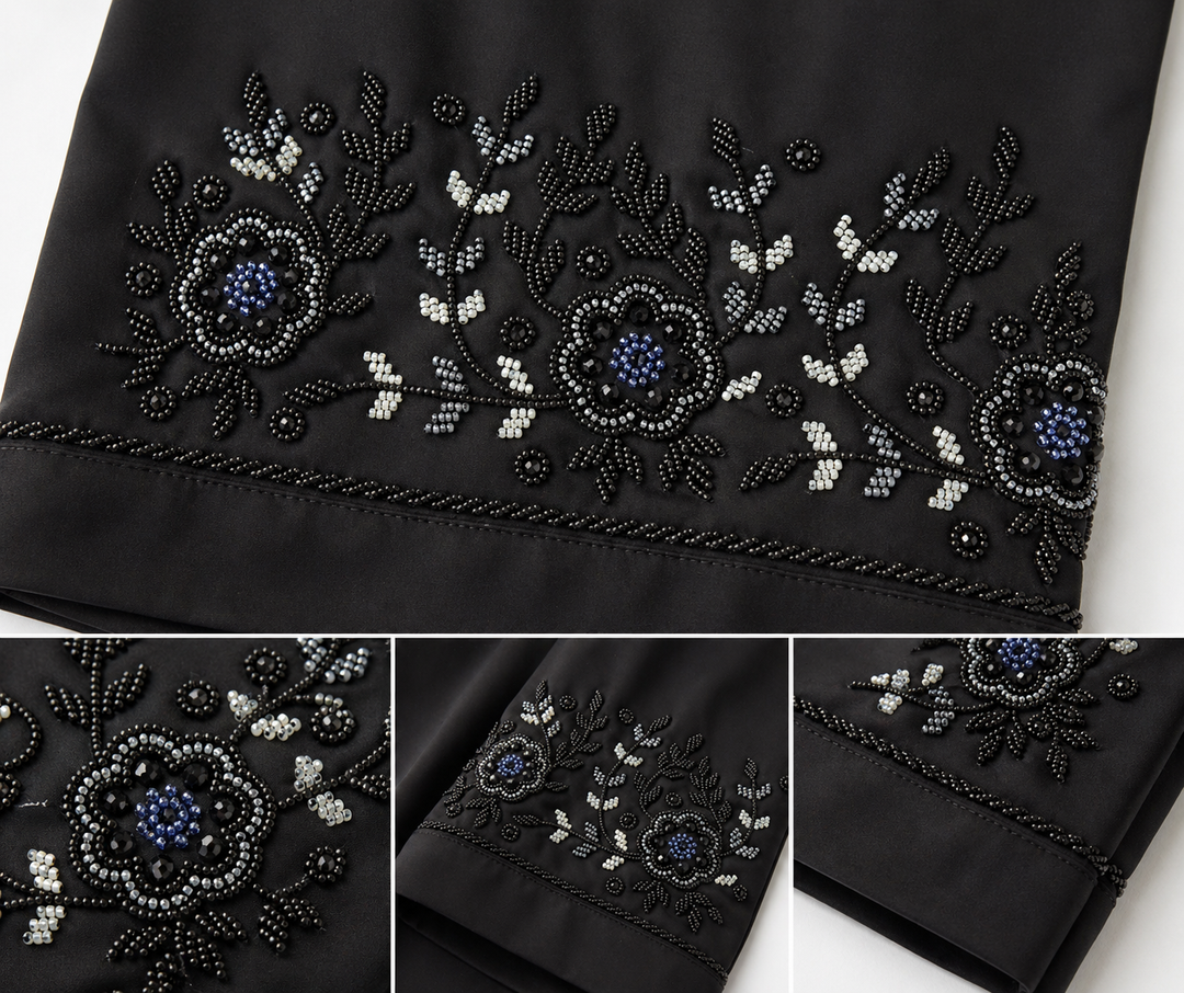 Black Katri Nida Abaya with Floral Handwork Sleeves | Front Open Elegant Modest Wear – RTFACTS