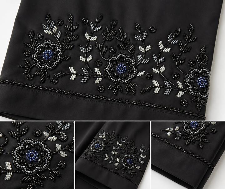 Black Katri Nida Abaya with Floral Handwork Sleeves | Front Open Elegant Modest Wear – RTFACTS