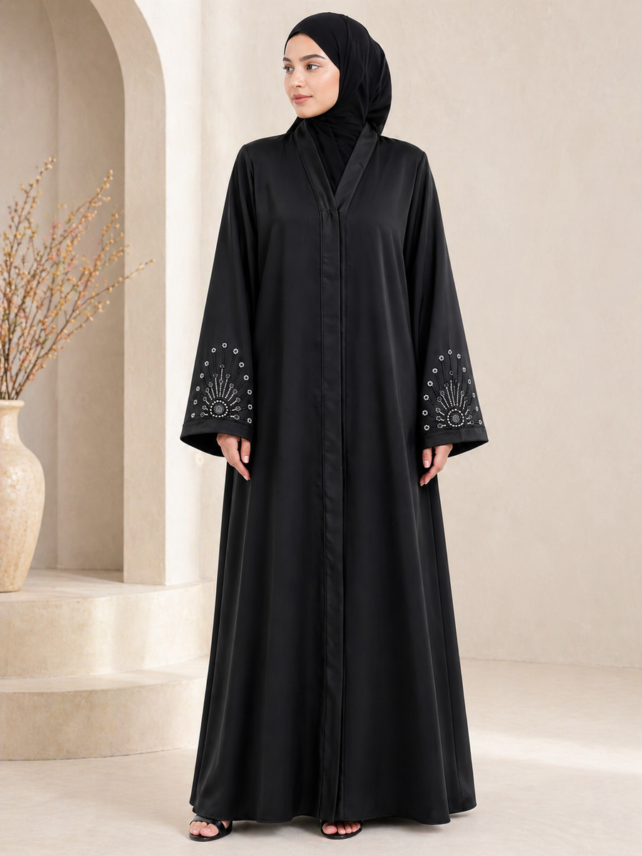 Black Katri Nida Abaya with Handwork Sleeves | Premium Front Open Modest Wear – RTFACTS