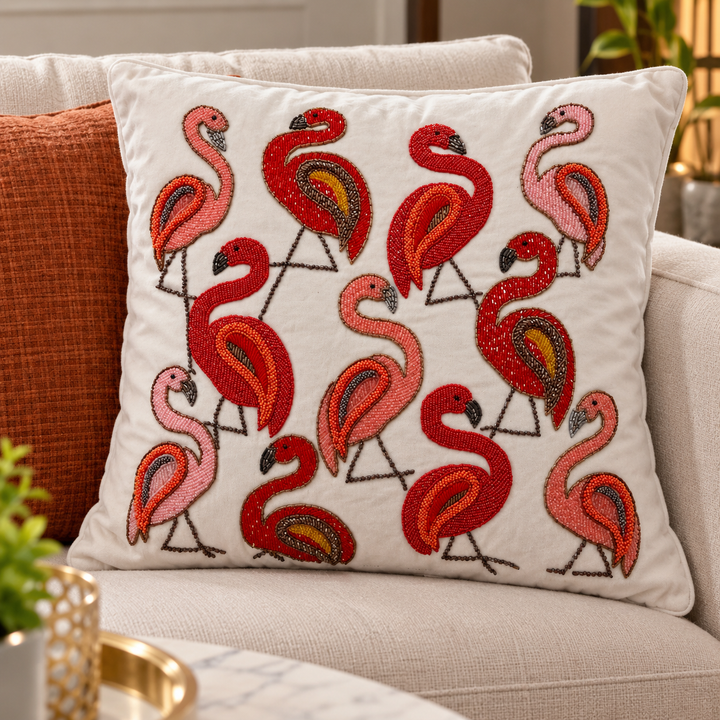 Handmade Beaded Flamingo Cushion Cover 18×18 Inch | Embroidered Flamingo Decorative Pillow for Sofa &amp; Home Decor