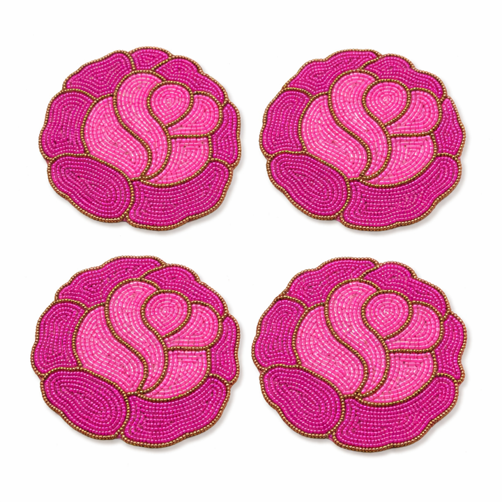 Rose Beaded Coasters – Set of 4 | Handmade Table Decor