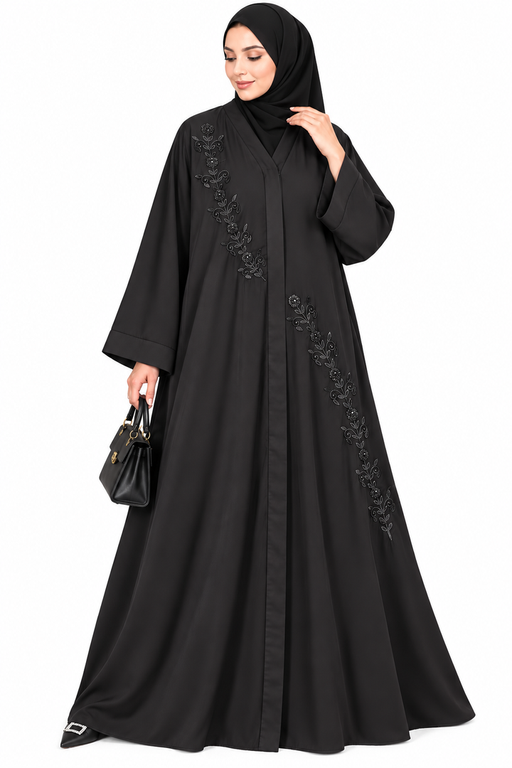 Luxury Black Nida Abaya with Elegant Floral Handwork