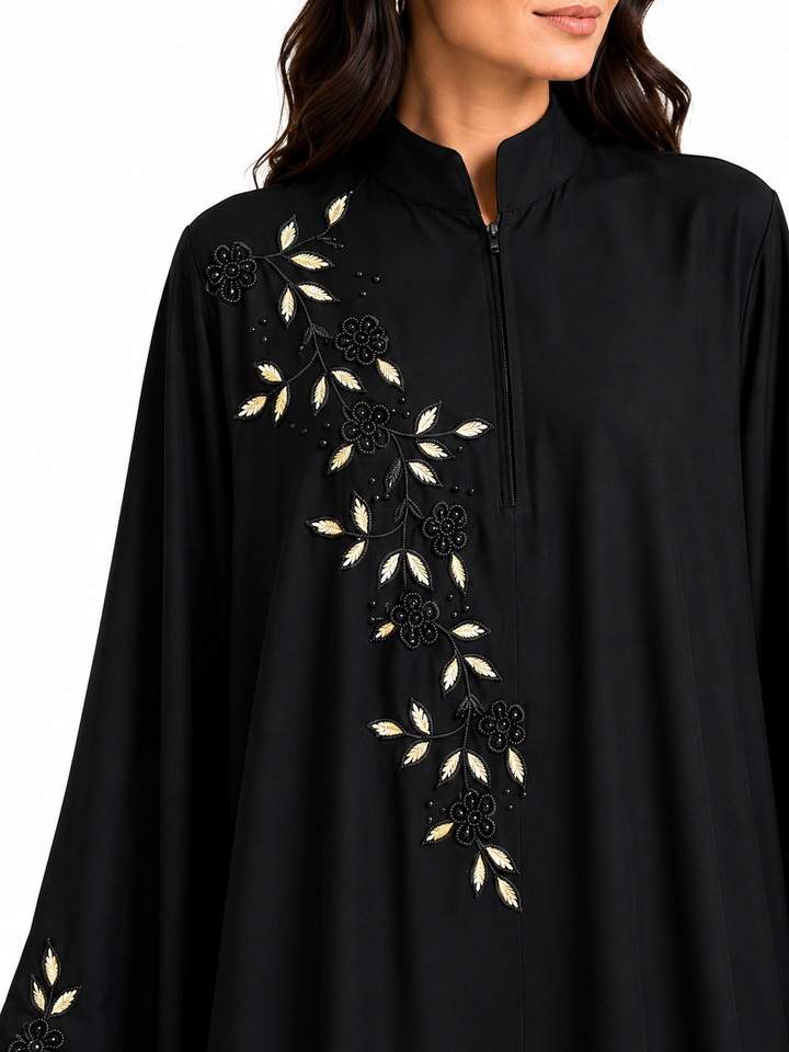 Luxury Black Handwork Kaftan Abaya for Women | Premium Firdos Fabric | Floral Beads Work Loose Fit Kaftan (Without Dupatta)